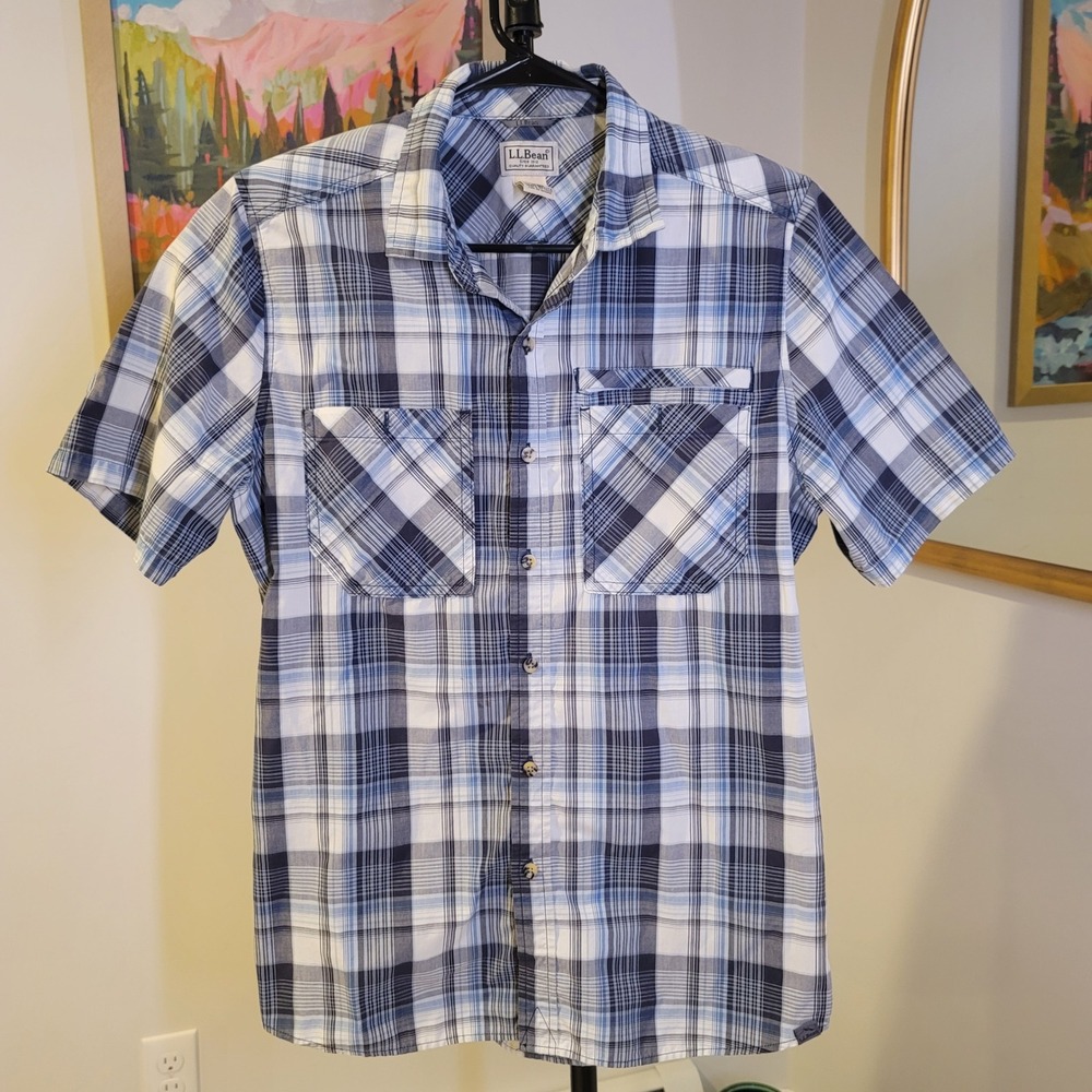LL Bean Mens Blue Plaid Short Sleeve Button Down Shirt Organic Cotton M REG